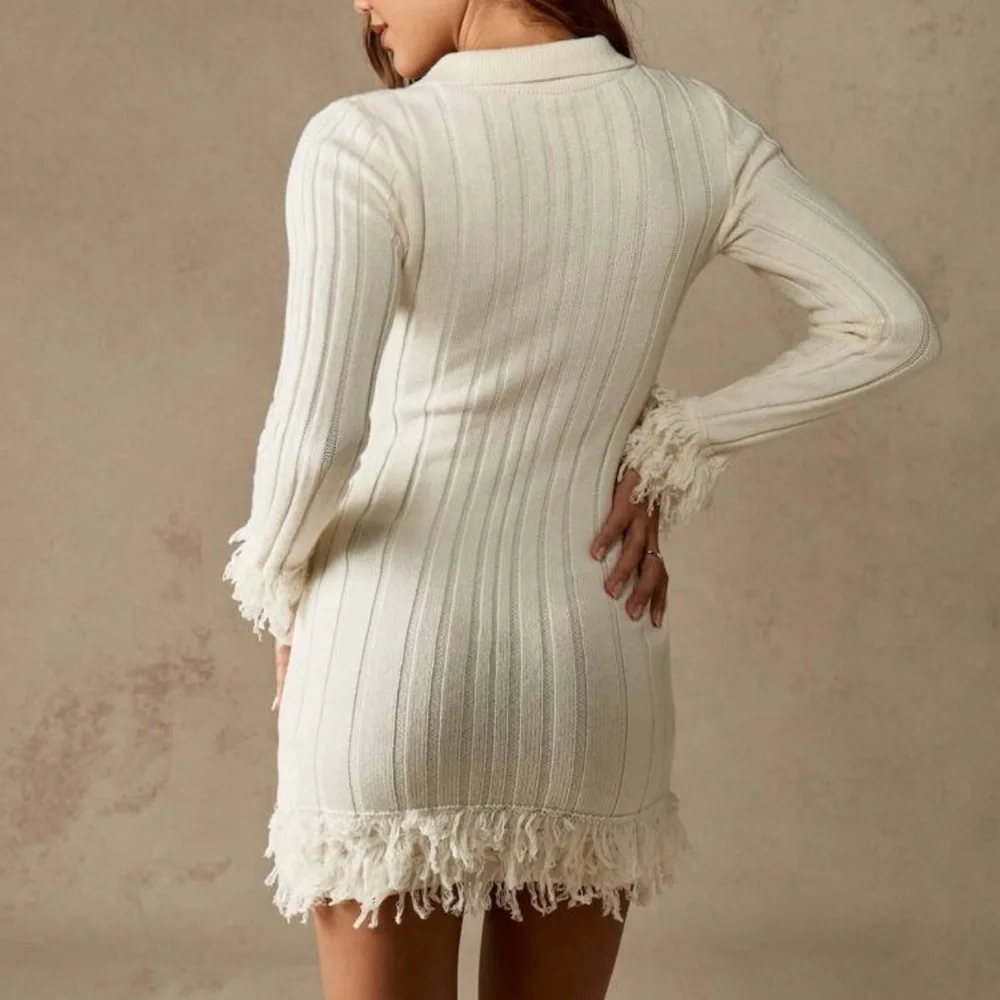 MISSGUIDED Ribbed Knit Mini Dress With Fringe Winter Long Sleeve Turtleneck - Picture 2 of 7